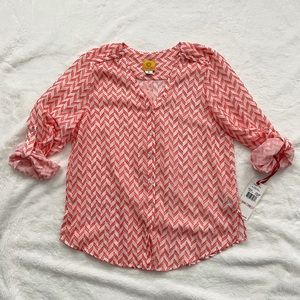 Ruby Road Sheer Textured Chevron Blouse Coral Pink Size 10